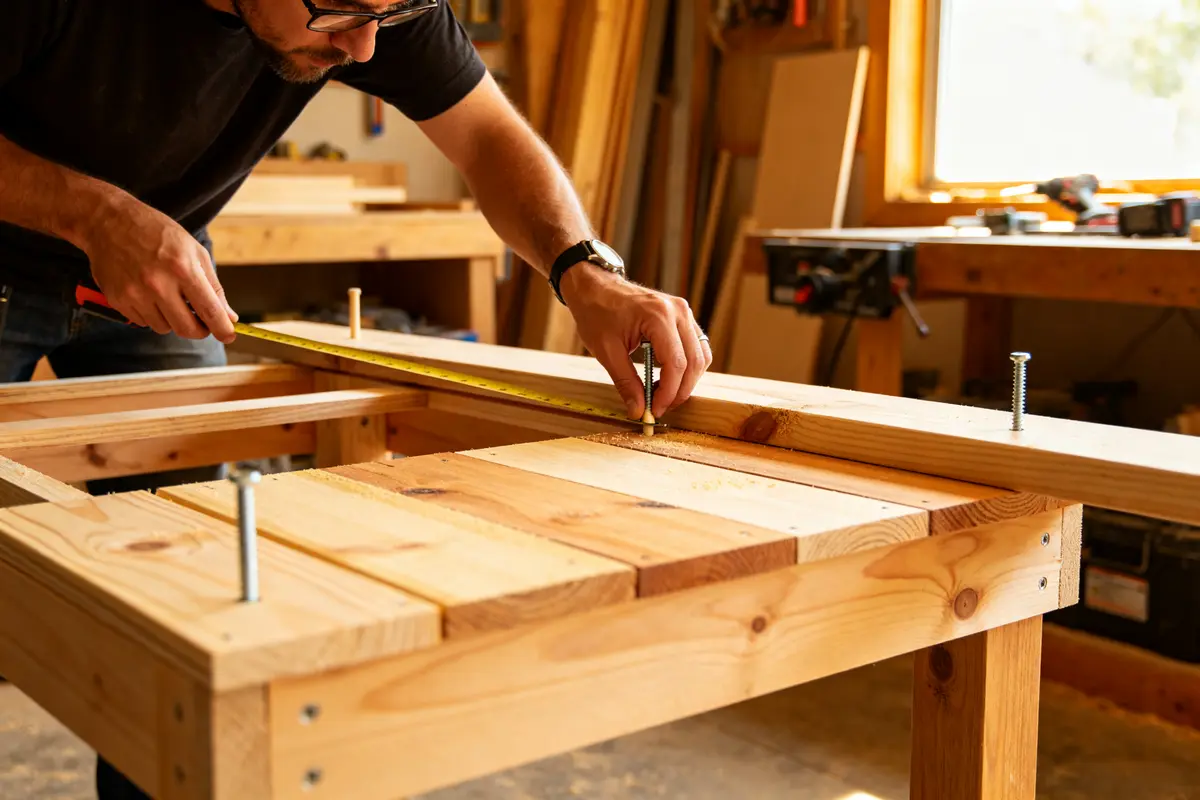 Man measuring wood to learn how to make a basic table in a workshop