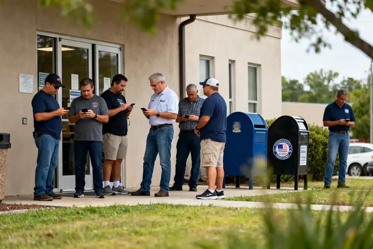 People using phones outside office for El Paso County public trustee search information