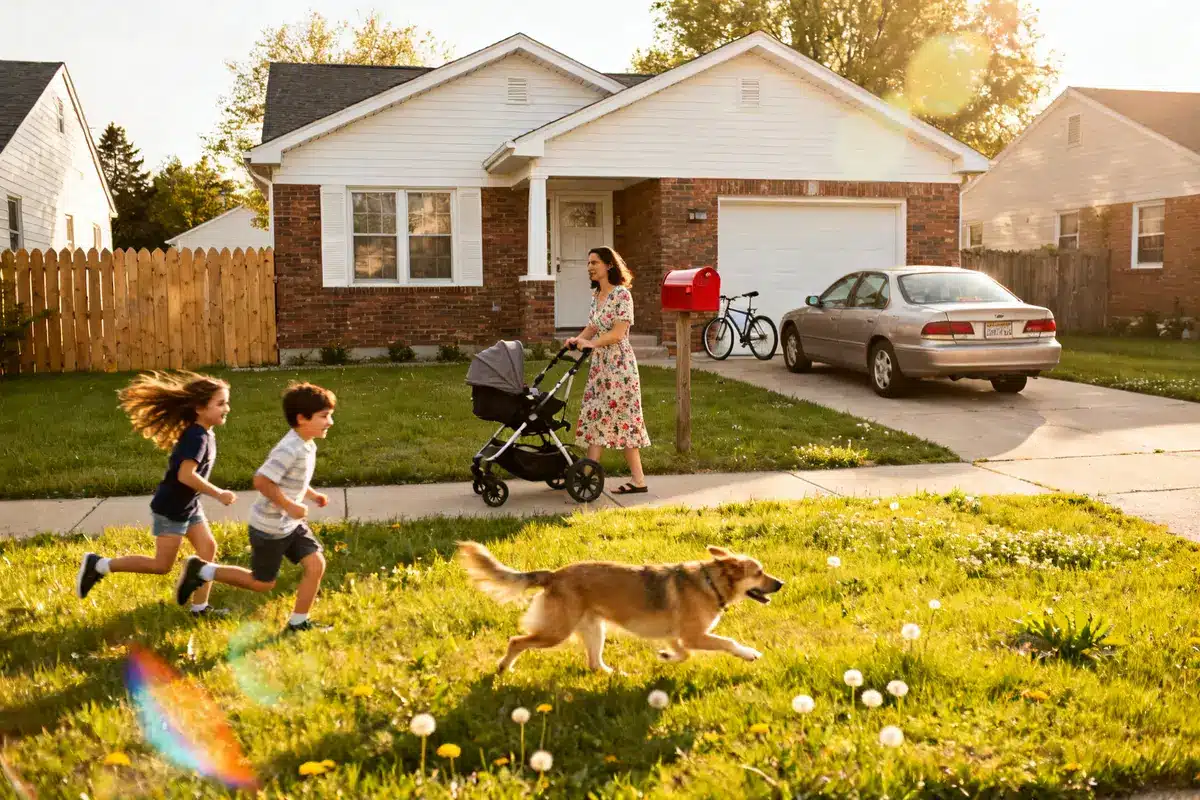 Children and dog playing on sunny lawn, boosting home's est value in suburban neighborhood