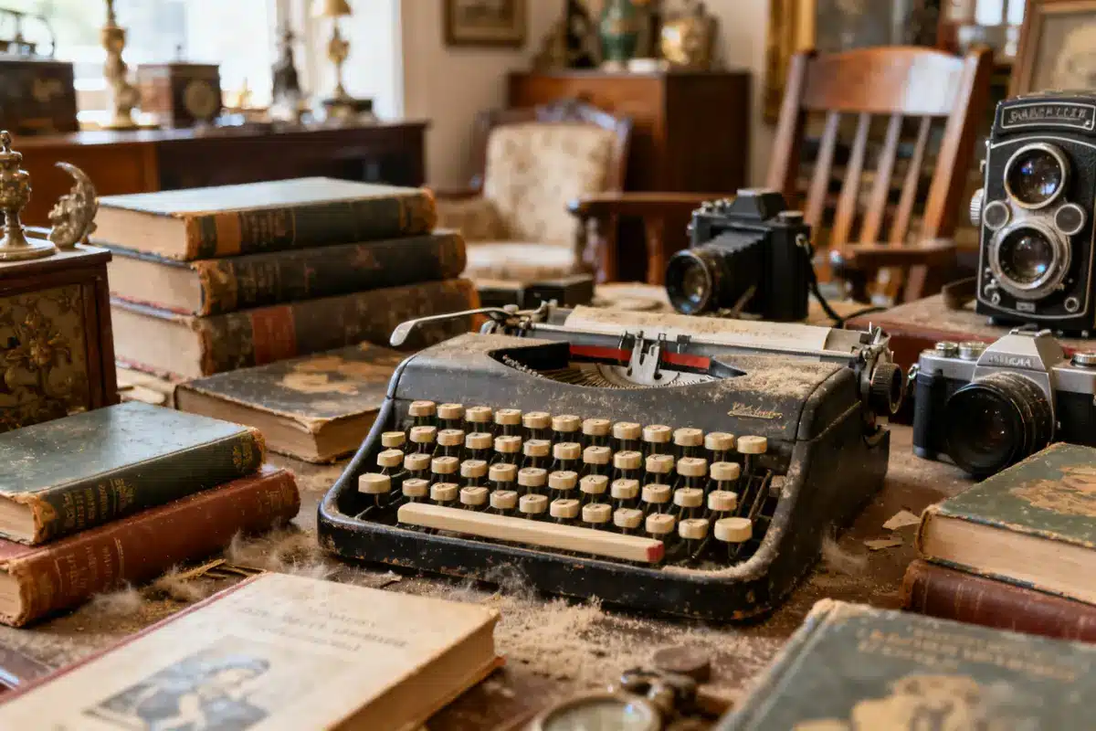 Vintage typewriter and cameras surrounded by books in an online antique store setting