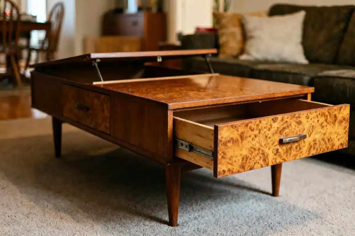 Open mid-century vintage coffee table with a drawer and lift-top in a living room